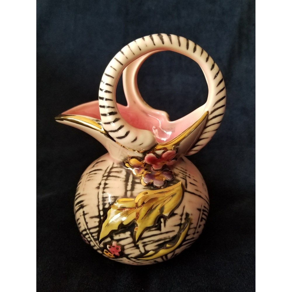 Vintage Hull Art Pottery Jug Pitcher Blossom Flite T1 Pink Black Floral 1955
